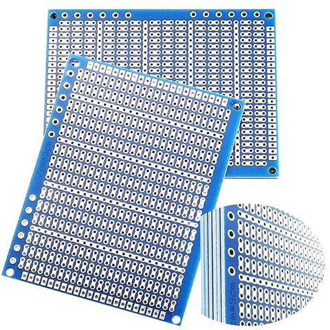 Six Pack Solderable Breadboard Kit With 824 Holes And A 70 By 90 Millimeter 1.6 Millimeter Thick PCB Board For DIY Prototyping Soldering And Arduino Projects Blue, showing blue FR4 boards with solder points and perforations.