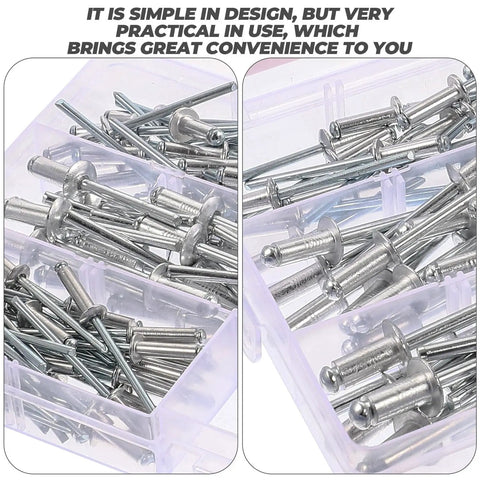 Close-up of 140 Piece Aluminum Pop Rivets Kit with Flanged Heads in storage box