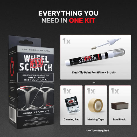 Silver Wheel Touch Up Paint Kit For Cars Easy 3 Step DIY Alloy Rim Repair With Fast Dry Pen Package Contents Display