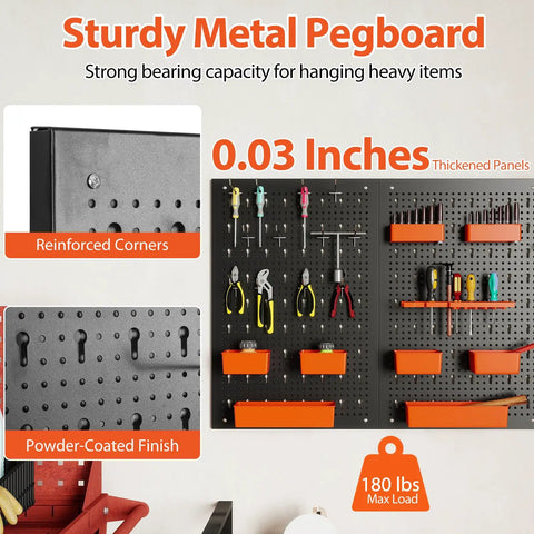 Sturdy Metal Pegboard Tool Organizer with Heavy Duty Hooks and Bins for Garage and Workbench, 180 lbs capacity.