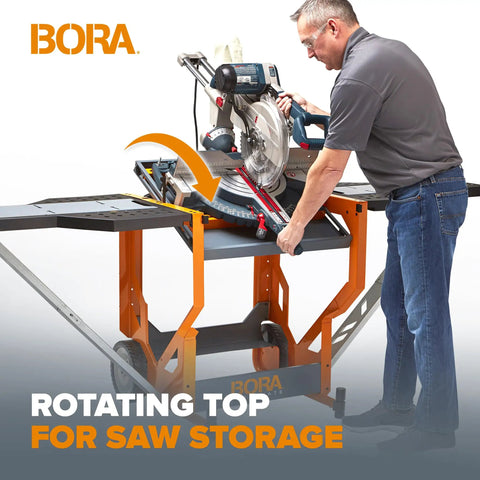 Kickass Rolling Miter Saw Stand With Smooth Gliding Casters And Spinning Workbench Top For Razor Sharp Cuts Solid As A Rock Portable Power Tool Bench Built Heavy To Tackle Every Build Safely in use with a rotating top and a miter saw.