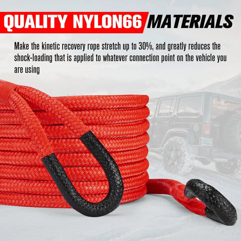 Trail Ready Kinetic Recovery Rope Kit With Two Heavy Duty Synthetic Soft Shackles And Storage Bag One Inch By Thirty Foot Snatch Strap showing red nylon rope with black ends.