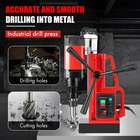 1550W Portable Magnetic Drill Press With 2 Inch Boring Diameter And Variable Speed Up To 500 Rpm shown drilling metal.