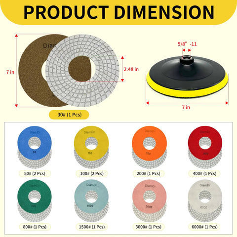 7 Inch Diamond Polishing Pads Tile Stone Sanding Kit With Heavy Duty Resin Bond For Smooth As Glass Scratch Free Finish On Concrete Marble Granite And Tile Top Shelf, dimensions and multi-grit options displayed.