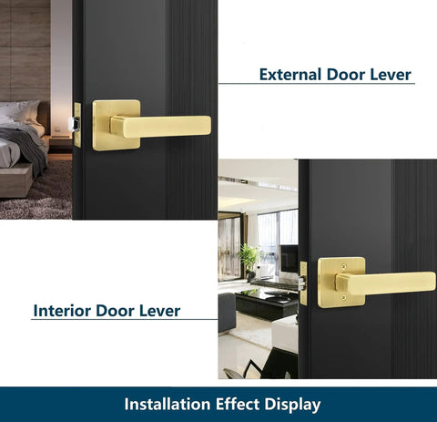 External and internal view of 6 Pack Keyless Interior Door Handles With Passage Door Lever In Light Satin Brass Finish on doors