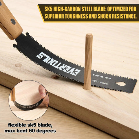 Precision Japanese Pull Saw Set Comes With Heavy Duty Sk5 Steel Ryoba And Flush Cutting Blades For Crisp Woodworking Trim And Yard Pruning Featuring Sweet Swing Action And Zero Sweat Operation - SK5 flexible high-carbon steel blade cutting soft wood.