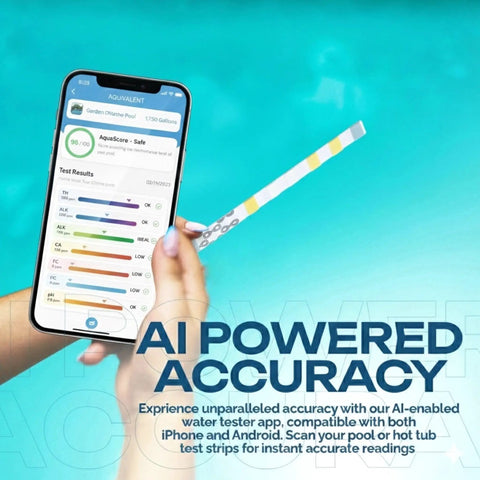 All In One Pool And Spa Water Test Kit With AI Powered App displayed with smartphone scanning test strip for accuracy.