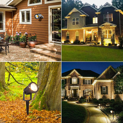 Collage of homes showing Eight Pack Low Voltage LED Landscape Lights 5W 12V Waterproof Warm White illuminating paths and walls