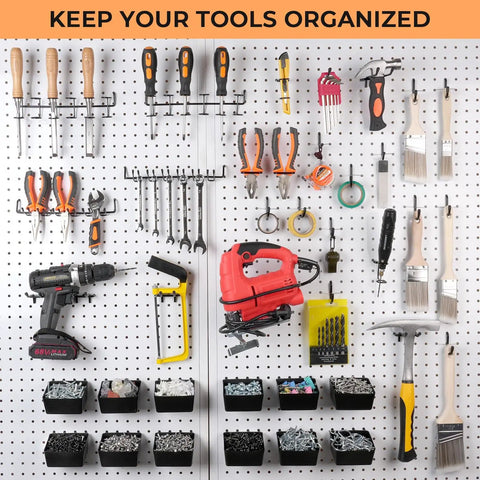 300 Piece Pegboard Accessories Kit With Heavy Duty Hooks And Bins For Garage Wall Organization And Tool Storage Including Peg Locks One Quarter Inch Hooks For Pliers Holders And Multi Tool Racks on display with tools and bins.