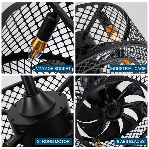 Dope Caged Ceiling Fan With Lights Remote Control, industrial enclosed blades, vintage socket, strong motor, ABS blades