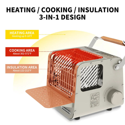 Portable 3-in-1 Butane Camping Heater with 3750 BTU Firepower, tent heater with insulated shelf and carry handle, outdoor patio heater
