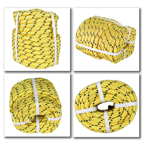 Half Inch 200 Foot Arborist Bull Rope Double Braid Polyester Rigging Line shown coiled in yellow and black pattern