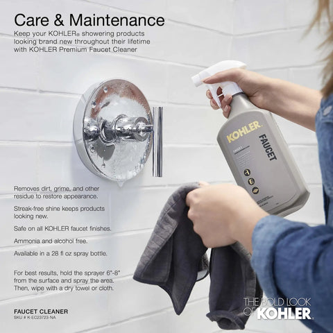 Person cleaning shower fixture with Kohler faucet cleaner for maintenance.