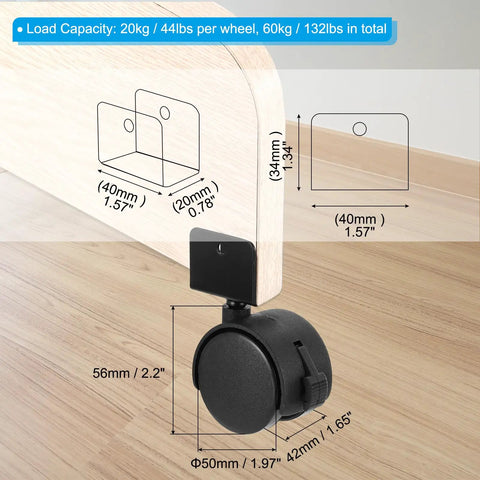 Top Shelf Ninja Quiet 2 Inch Swivel Caster Wheels featuring secure locking brake on a smooth wood surface with measurements.