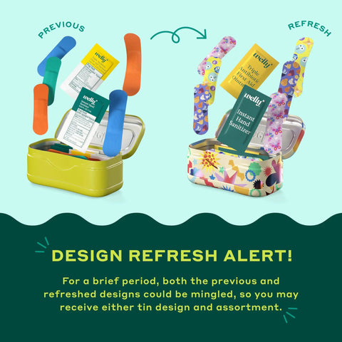 Grab Your Essentials And Keep It Solid With This Portable First Aid Kit Loaded With Flex Fabric Bandages Triple Antibiotic Ointment Wipes And Sturdy Metal Case For Hassle Free Quick Fixes On The Fly showing two colorful tin designs.