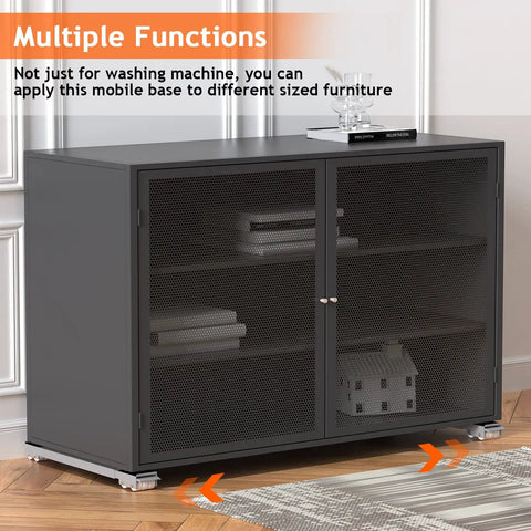 Extendable Appliance Dolly For Heavy Duty Moving shown under black metal cabinet, adjustable size 17.5 to 28 inches, non-slip base.