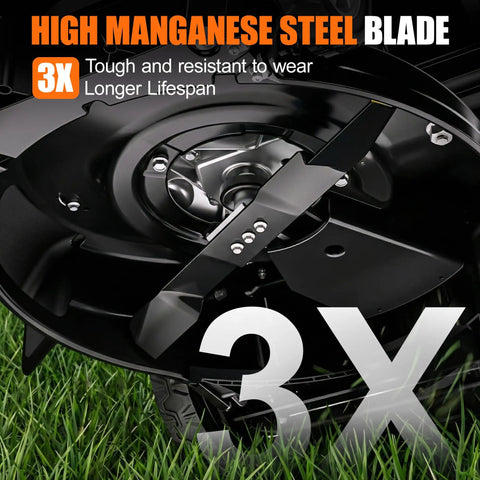 Close-up of the high manganese steel blade on a 21 Inch Self Propelled Gas Lawn Mower With 170cc 4 Stroke Engine A Real Workhorse For Medium Lawns