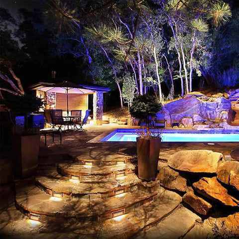 Low Voltage LED Deck Lights 9 Inch Step Lighting Kit for outdoor walkways and decks with warm soft illumination at night.