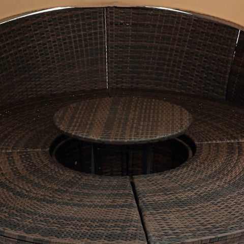 Retractable Outdoor Patio Round Wicker Rattan Daybed With Lift Table And Washable Cushions for a spacious circular seating area.