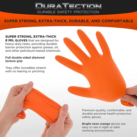 Orange 8 Mil Heavy Duty Diamond Textured Nitrile Disposable Gloves Large in use, demonstrating flexibility and grip