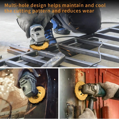 5 Piece Turbo Diamond Grinding Cup Wheels For Angle Grinders 4 Inch in use, smoothing metal and concrete with a heavy duty design.