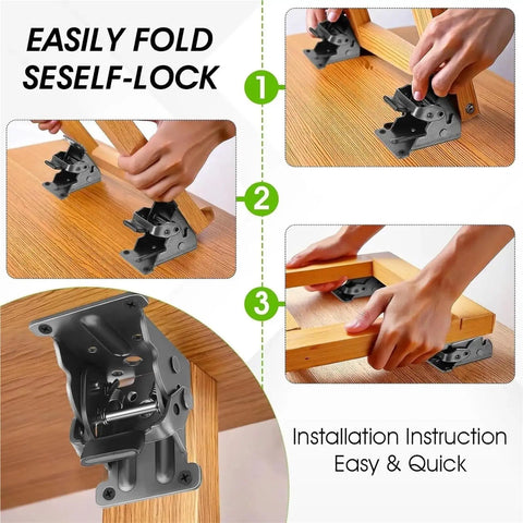 Installation steps for Premium Stainless Steel Folding Table Leg Brackets With Quick Release Locking Hinge, showcasing easy folding.