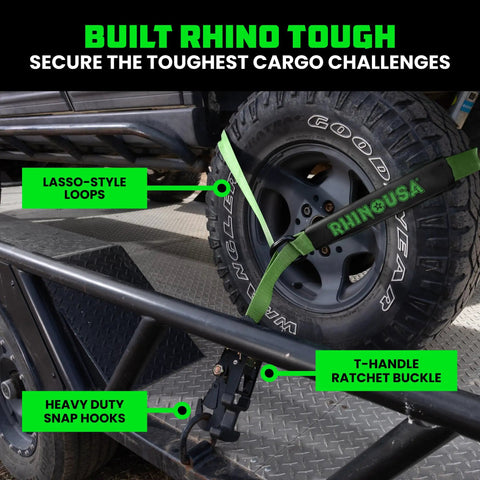Badass Car Hauler Tie Down Straps Four Pack Two By Eight Foot Lasso Kit With Rust Resistant Snap Hooks secured to a tire.