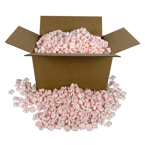 Pink Packing Peanuts For Shipping And Moving, 14 Cubic Feet Antistatic Void Fill Cushioning Supplies in a cardboard box.