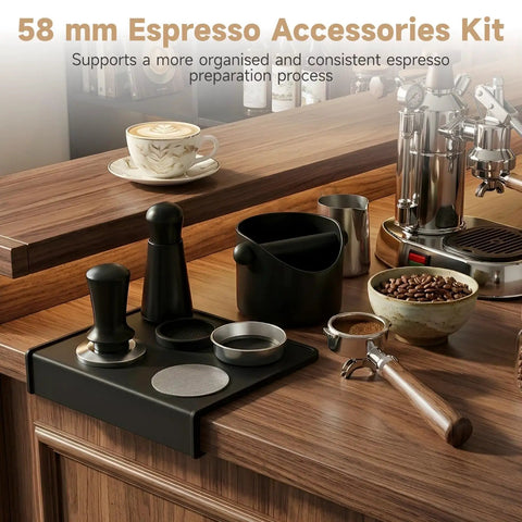 Kickstart Your Daily Grind With This Dope 6 Piece Espresso Accessory Kit Featuring A Heavy Duty 58 Mm Tamper on a wooden counter.