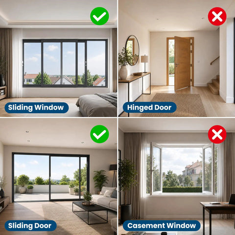 Image highlights Sliding Door and Sliding Window with check marks, and Hinged Door and Casement Window with cross marks.