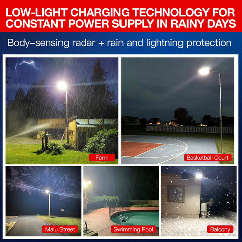Beast 1000W Solar Street Light Outdoor Flood Light 80000 Lumens illuminating farm, basketball court, street, pool, balcony in rain.