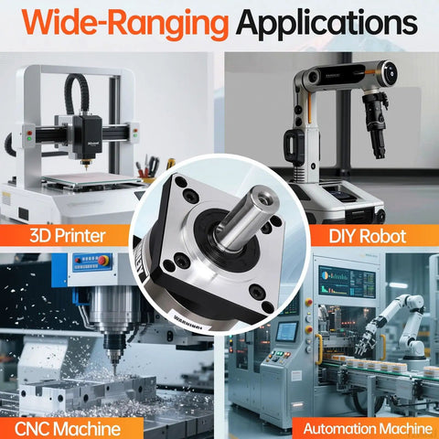 Beefy 20 To 1 Planetary Gearbox For Nema 23 Stepper Motor visible alongside CNC, 3D printers, DIY robots, and automation machines.