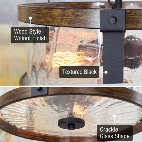 Close-up of Rustic Farmhouse 14 Inch 3 Light Semi Flush Mount Ceiling Light with crackle glass shade and walnut wood finish.