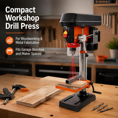 Ridfy 8 Inch Benchtop Drill Press, 5 Speed 770-3410 RPM With Tilt Table for Wood Metal DIY Maker Projects Compact Heavy Duty Desktop Drilling Machine For Hobbyists And Makers set up on a workbench with wood piece.