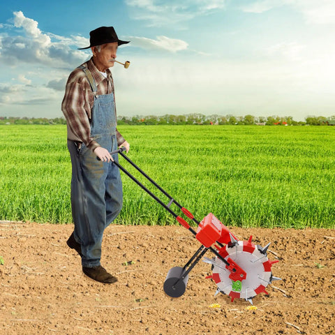 Farmer using walk-behind seed planter for precision row crops with six seeding nozzles in a field, showcasing manual seeder.