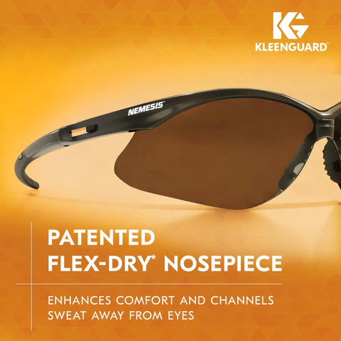 Close-up of V30 Nemesis Polarized Safety Glasses Smoke Gray Lenses Gunmetal Frame with Flex-Dry nosepiece for comfort