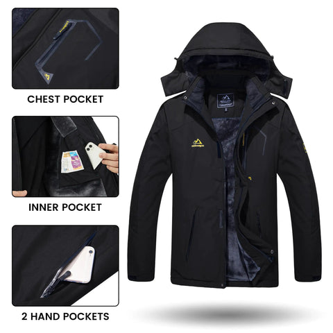 Men's Winter Jacket With Hood For Skiing And Snowboarding Stay Warm All Day Warm Fleece Lining Water Resistant Rain Jacket Left Zip Design Detachable Hood Multi Pocket Storage Windproof Black Thermal Outerwear For Cold Weather with detailed chest, inner, and hand pockets view.