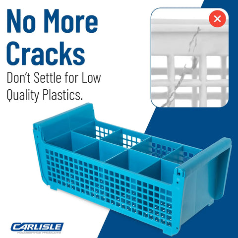 Blue Perma-Sil Polypropylene Flatware Basket For Commercial Kitchens, 8-Compartment Dishwasher Rack Organizer, angled view