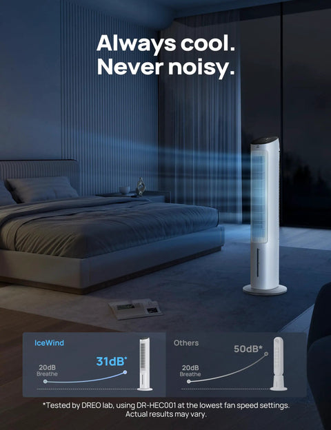 Evaporative Swamp Cooler Tower Fan Beast Mode Cooling, 40 Inch Standing Bladeless Cooler in a quiet bedroom setting