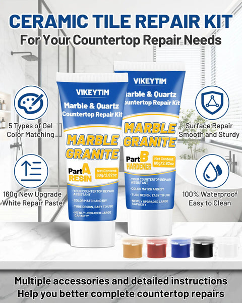 Tile, Marble And Granite Repair Kit Color Match For Quartz Countertops 160g 5.64oz White Paste With 5 Color Gels for surface repair