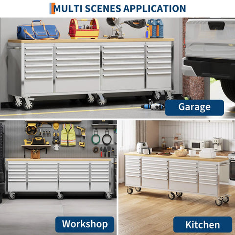 Heavy Duty 61 Inch Tool Chest Cabinet With Mobile Garage Workbench, 24 Drawers And Power Strip, Rubber Wood Top, 1675 Lb Capacity, Rolling Tool Storage For Gearheads, Shop Or Home Use in various settings: garage, workshop, and kitchen.