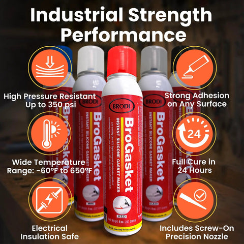 Industrial RTV Silicone Gasket Maker Sealant with auto dispensing nozzle, red, shown with product features and benefits labels.