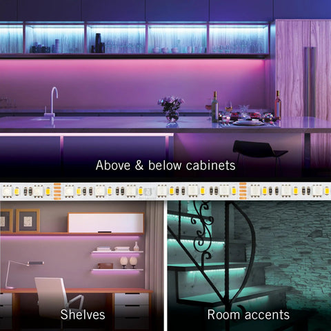 RibbonFlex Pro LED Tape Light Kit With Multi Color And White LEDs illuminating kitchen cabinets and room accents