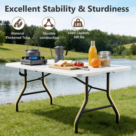 Outdoor scene with 2 Pack 6 Ft Folding Plastic Tables Heavy Duty Portable Fold In Half Utility Tables With Carrying Handles for picnic setup.