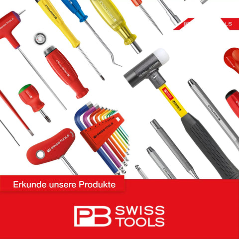Various Swiss-made hand tools, including a red ratcheting screwdriver with one hand switch and magnetic bit holder for C6 bits.
