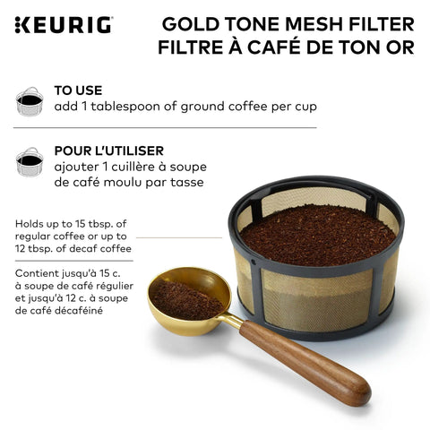 Reusable Gold Tone Mesh Coffee Filter For K Duo Essentials And K Duo Brewers filled with ground coffee with scoop