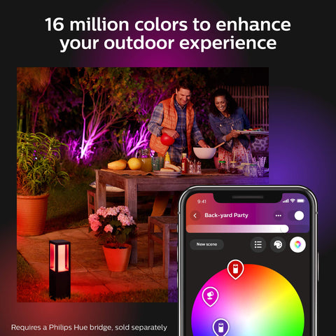 Couple enjoying patio with Econic Up Outdoor Smart Wall Light Black With E26 Base Color Ambiance, app controlling light colors