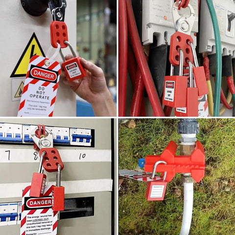 Four images of Three In One Lockout Tagout Kit for OSHA Safety Compliance with clamp-on circuit breaker locks and tags in use.
