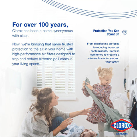 Mother and daughter doing laundry with Clorox air filters text highlighting trusted protection and cleaner home benefits.