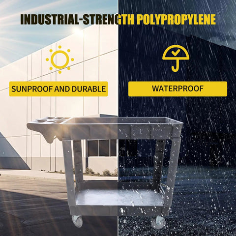 Heavy Duty Plastic Utility Cart With Dual Shelves Bearing Five Hundred Pounds shown in sunproof and waterproof conditions.